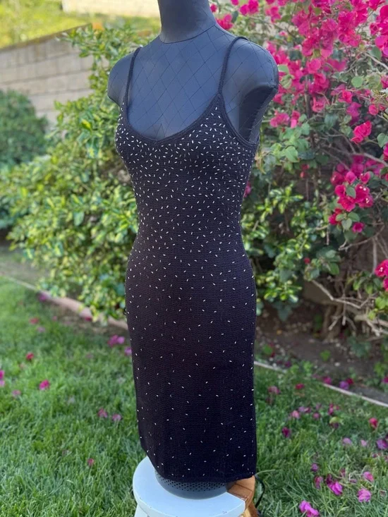 Papell Boutique Black Hand Crocheted Midi Dress with Silver Bead Accents - Picture 1 of 8